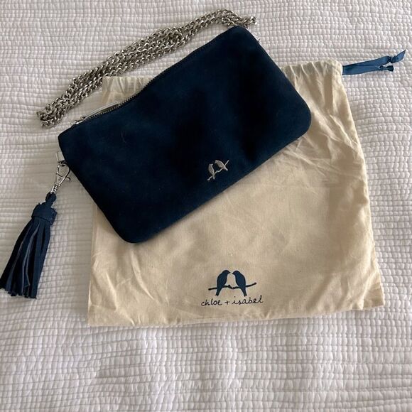 Chloe + Isabel Blue Velvet Crossbody Purse Clutch With Dust Bag Detachable Strap - Picture 1 of 15